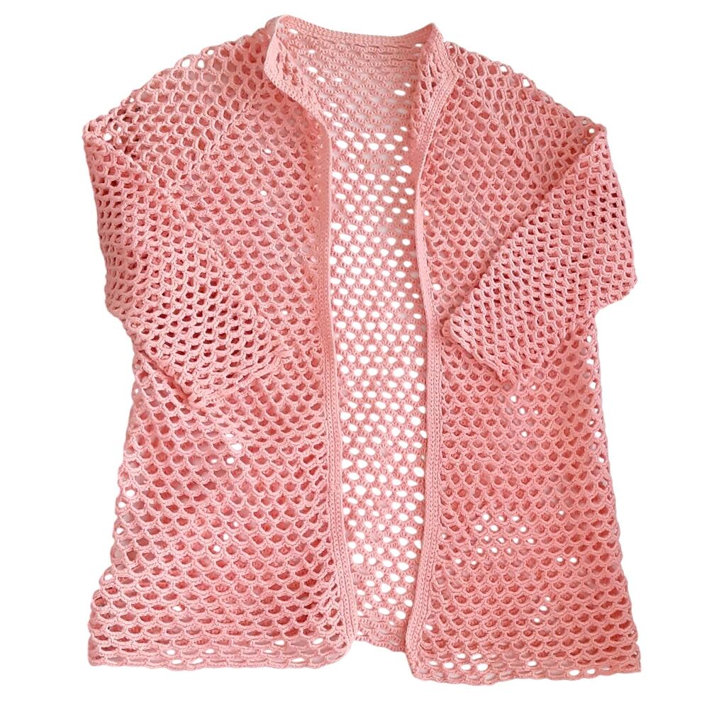 Vintage 1930s Crochet Cardigan Sweater Pink Bed Jacket Caftan Hollow Out Knit